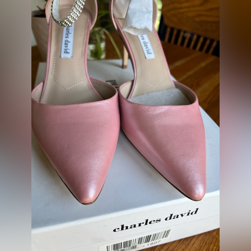 Charles David NEW Rhinestones Leather Pink Satin Ankle Strap Heels, Women’s Sz 9 - Picture 3 of 13